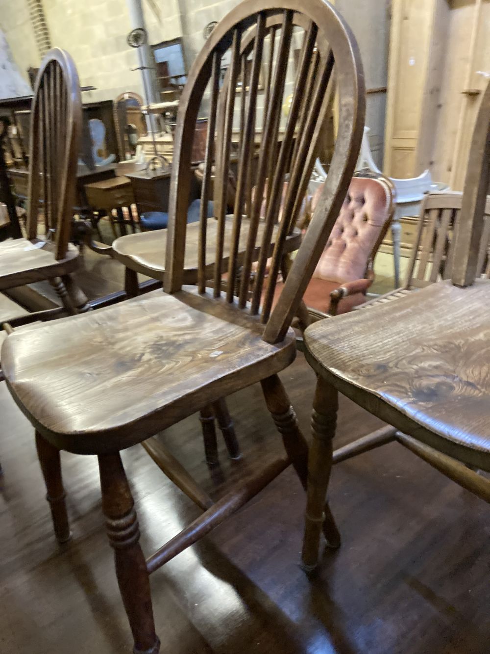 Five Victorian elm and beech Windsor comb back chairs